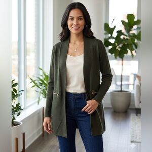 Long Line Open Front Knit Cardigan in Olive Green